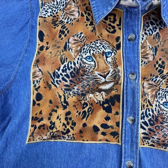 VTG  Denim Leopard Cheetah Shirt Quacker Factory SS Button Jungle Safari Large - Picture 5 of 12